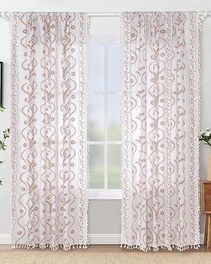 Boho Curtains 84 Inch Length Farmhouse Curtains for Living Room 2 Panels, Linen Semi Sheer Vintage Farmhouse Floral Curtain Rustic Curtain Drapes