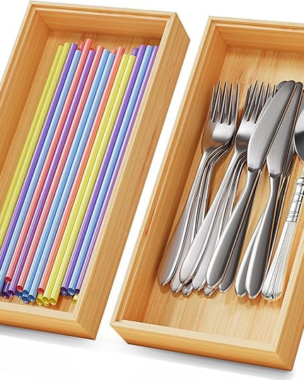 Bamboo Kitchen Drawer Organizer Boxes – 12" x 6" Stackable Wood Silverware Utensil Tray for Drawers Bins, Cutlery & Flatware Storage – Wooden Organizers Set of 2 for Junk Drawer, Bathroom, RV