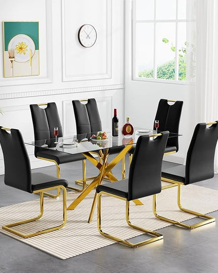 7 Piece Glass Dining Table Set, Glass Kitchen Dining Room Table Set for 6, 61" Modern Rectangular Gold Glass Metal Dining Table with 6 Black PU Leather Dining Chairs for Kitchen Dining Room