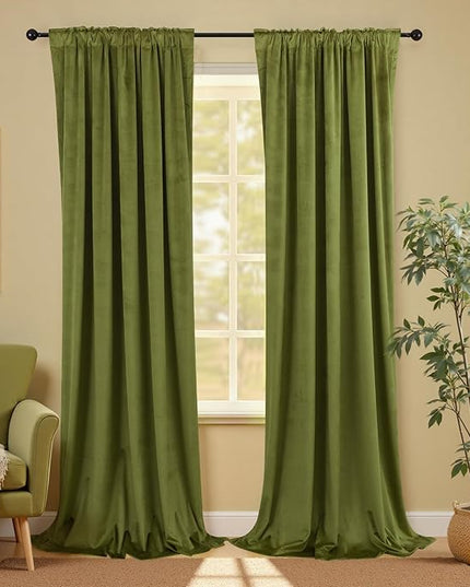 KOUFALL Velvet Curtains 90 Inch Long,Pretty Decorative Blackout Not Pinch Pleated Rod Pocket Crushed Velour Retro Green Mid Century Modern Victorian Curtains for Living Room Bedroom