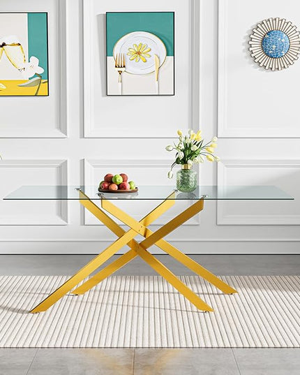 60" Rectangular Glass Dining Table Modern Kitchen Glass Top Table for 6 with Gold Metal Legs, Clear Dining Table Kitchen Table for Home Office Dining Room