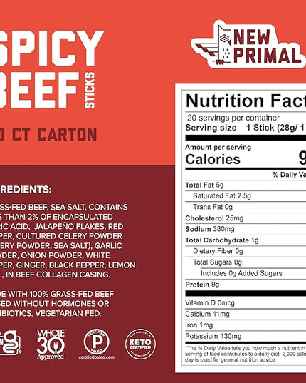 The New Primal Grass-Fed Spicy Beef Sticks, Keto, Gluten Free Healthy Snacks for Adults, Sugar Free Low Carb High Protein Snack, Paleo Whole30 Jerky Stick, 9g Protein, 20 Ct