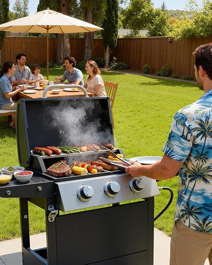 Stainless Steel 3-Burner Gas Grill, 25650 BTU Outdoor BBQ Grill with Side Table, 338 sq.in Cooking Area, Perfect for Patio, Deck & Family Barbecues