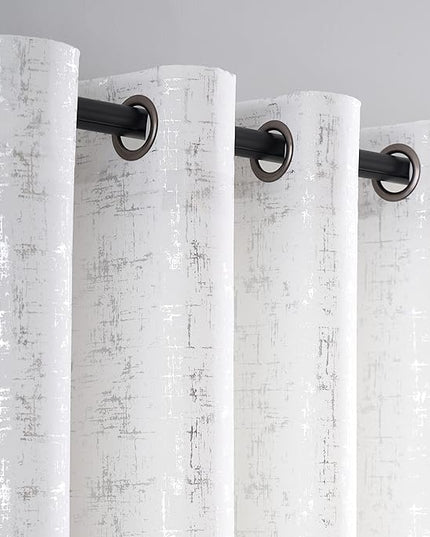 Taisier Home Silver Foil Print Linen Textured Curtains - Geometric Dots Pattern Design for Nursery, Toy Room - Thermal Insulated Window Treatment, 2 Panels, 45" L, White and Silver