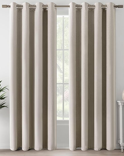 Total Blackout Linen Curtains 90 Inch Length for Bedroom Living Room, Farmhouse 100% Black Out Thermal Insulated Privacy Lightweight Grommet Curtain Panels, Sand Beige, W52 x L90, 2 Panels