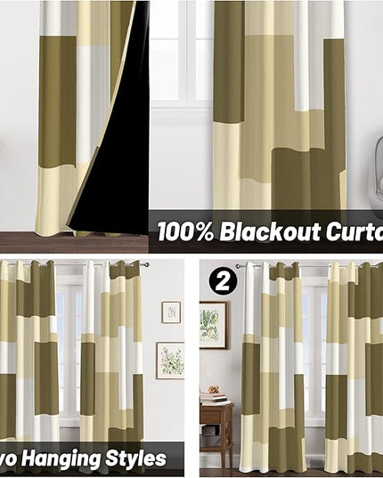 Beige 100% Blackout Curtains for Bedroom 96 inch Long 2 Panels Set White Beige Modern Abstract Geometric Black Out Curtains Insulated Room Darkening Window Drapes for Living Room, 52Wx96L