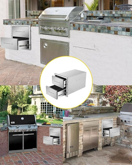 Outdoor Kitchen Drawers 14" W x 15" H x 23" D Flush Mount Double BBQ Drawers with Chrome Handle Stainless Steel Drawer for Outdoor Kitchen Island, Patio Grill Station