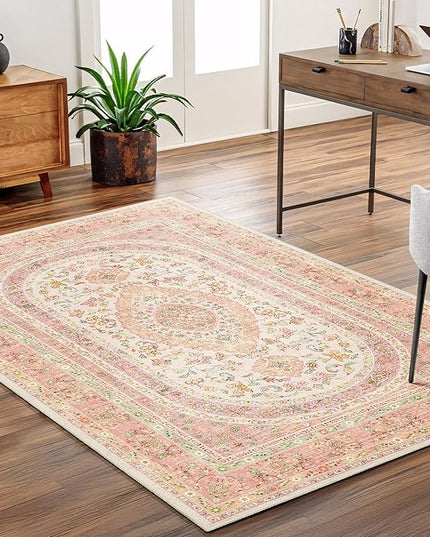 Pink Rug 3x5,Boho Washable Area Rugs for Bedroom Living Room Kitchen Entryway,Small Vintage Distressed Farmhouse Non Slip Carpet,Blush Floral