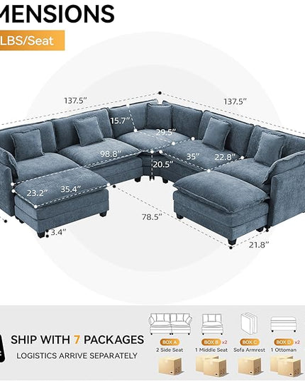 137'' V Shaped Cloud Sectional Sofa, Oversized Deep Seat Couches for Living Room, Chenille Comfy Upholstered Modular Sectional Sofa Couch with 2 Movable Ottoman, Blue