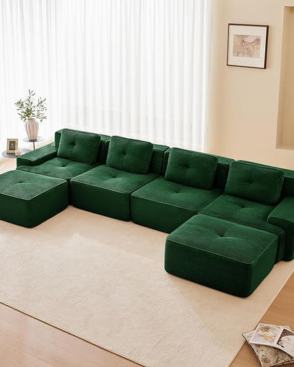 Hommoo 153" Oversized Sectional Sofa, Modular U Shaped Couch with Ottoman, Comfy Corduroy Couches with Deep Seat, 6 Seat Convertible Boneless Sofa for Living Room No Assembly Required Green