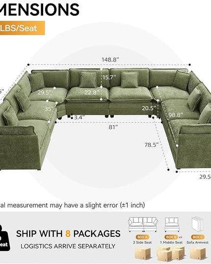 147'' Oversized U Shaped Cloud Sectional Sofa, Chenille Deep Seat Couches for Living Room, Comfy Upholstered Modular Sectional Sofa Couch, Green