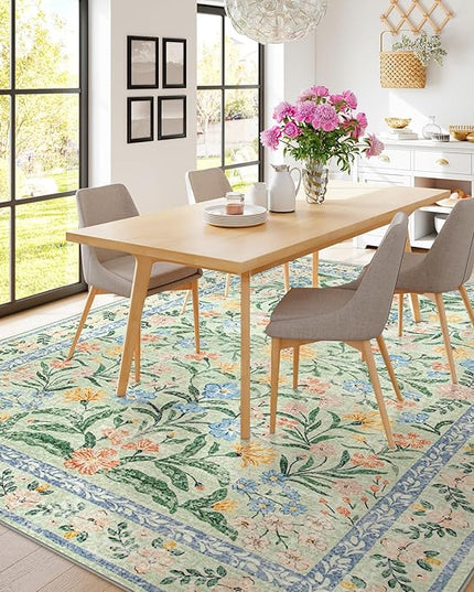 Wonnitar Machine Washable Area Rugs 9x12, Soft Sage Green Floral Rug for Living Room Bedroom, Ultra-Thin Large Foldable Boho Carpets for Playroom Classroom Dining Room