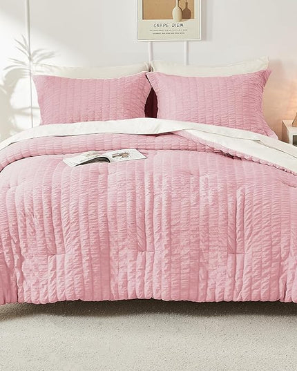 HYMOKEGE Pink/Ivory Twin Comforter Set Seersucker 5 Pieces, All Season Luxury Bed in a Bag for Bedroom, Bedding Set with Comforter, Sheets, Pillowcase & Sham