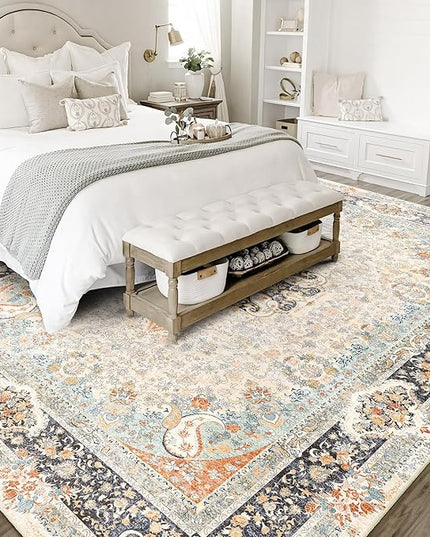 8x10 Area Rugs Washable,Vintage Rug for Living Room Bedroom Dining Room,Large Boho Bohemian Distressed Carpet Non Slip,Retro Blue Grey Floral