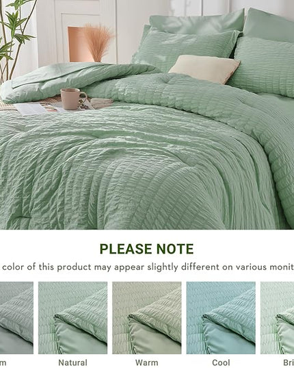 HYMOKEGE Sage Green Twin XL Comforter Set Seersucker 5 Pieces, All Season Luxury Bed in a Bag for Bedroom, Bedding Set with Comforter, Sheets, Pillowcase & Sham