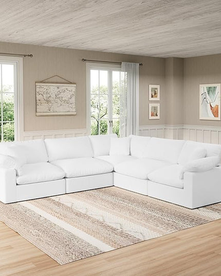 Modular Sectional Sofa Cloud Couch,Down Filled Comfy Cloud Modern Sofa,White Linen V Shape 5 Seater Oversized Couch Cushion Covers Removable for Living Room