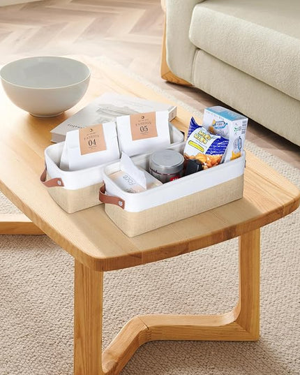 Kntiwiwo Small Fabric Storage Bins, 15x6x5 inch Narrow Storage Baskets 4-Pack Long Storage Basket for Organizing with Handles, Decorative Basket for Closets, Shelves, Toilet Paper, Beige