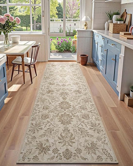 jinchan Torino Runner Rugs 3x8, Vintage-Inspired Floral Neutral Design Machine Washable Non-Slip Ultra-Thin Low-Pile Rubber Backing Traditional Rug for Kitchen Hallway Laundry Room Entryway Taupe