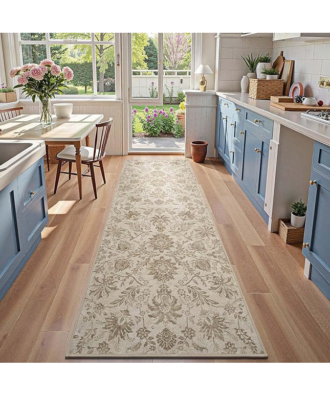 jinchan Torino Runner Rugs 3x8, Vintage-Inspired Floral Neutral Design Machine Washable Non-Slip Ultra-Thin Low-Pile Rubber Backing Traditional Rug for Kitchen Hallway Laundry Room Entryway Taupe