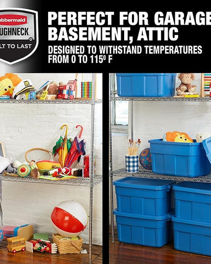 Rubbermaid Roughneck Tote 14 Gal, 6 Pack, Made in USA, Heritage Blue, Rugged Plastic Stackable Storage Bins with Lids and Handles