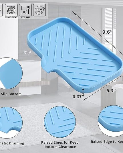Silicone Bathroom Soap Dishes with Drain Spout-Bathroom and Kitchen Sink Organizer,Sponge Holder,Dish Soap Tray,Perfect for Dispenser,Scrubber,Bottle on Sink or Counter-Light Blue 9.6"×5.3"