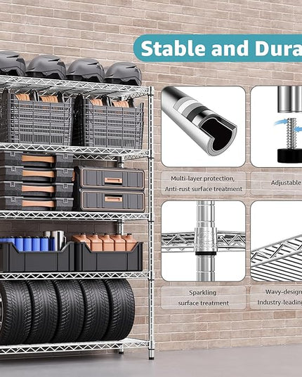 1750 LBS Storage Shelves 5-Tier Utility Shelving Unit Steel Organizer Wire Rack for Home,Kitchen,Office,Garage, Capacity 17.7" D x 47.2" W x 72.3" H