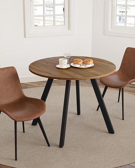 34.6'' Dining Table and Chairs for 2, Mid Century Modern Round Table Set, Space Saving for Apartment Kitchen Dining Room (Walnut Table+2 Brown Chairs)