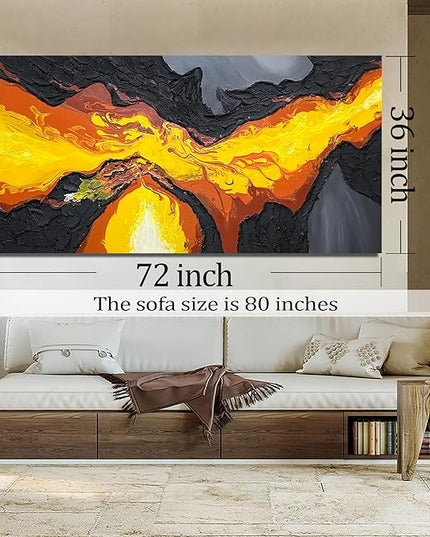 GUGIKA Large Abstract Wall Art for Living Room, Hand Painted 3D Textured Magma Paintings, Black and Gold Yellow Volcanic Lava Canvas Wall-Decor for Bedroom, Size 72x36 Inches