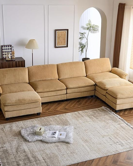 VINGLI 156" Cloud Corduroy Sectional Sofa, Comfy L-Shaped Extra Deep Seat Sofa Couch for Living Room,Modern 4-Seat Convertible Loveseat Sofa with Three Ottomans for Small Space(Khaki)