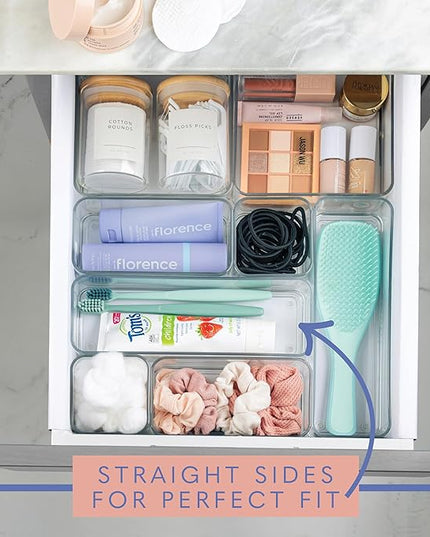 primebox Eight Piecs. Plastic Clear Drawer Organizers for Bathroom, Kitchen, Bedroom, Office Organizer Bins, Storage Trays. Heavy Duty, Stackable 4 Sizes