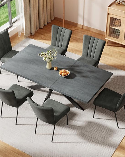 ZckyCine 63"-79" Extendable Dining Table Set with 6 Velvet Dining Chairs, Modern Rectangular Kitchen Table Set for 6-8 People, Space-Saving Expandable Dining Table with Metal Frame
