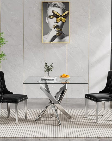 Glass Dining Table Set for 2, Square 36" Dining Table with Silver Cross Metal Leg, 2 Black Velvet Dining Chairs with Stainless Steel Legs, Modern Glass Kitchen Table and Chairs Set for Small Space