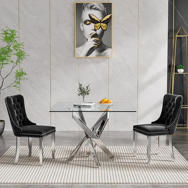 Glass Dining Table Set for 2, Square 36" Dining Table with Silver Cross Metal Leg, 2 Black Velvet Dining Chairs with Stainless Steel Legs, Modern Glass Kitchen Table and Chairs Set for Small Space