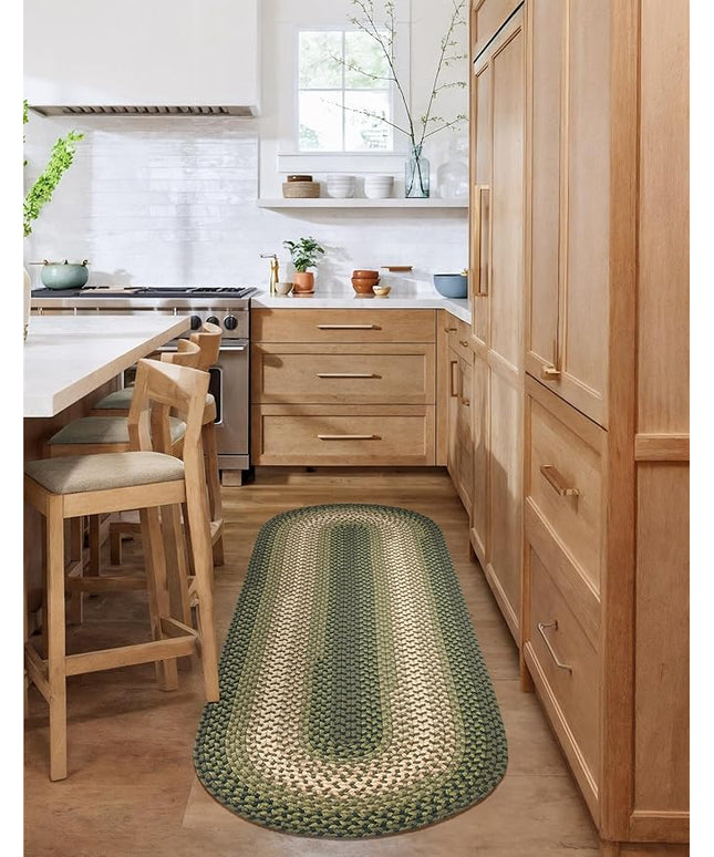 Tranquility TQ22 Green 2' x 6' Runner- Braided Area Rug, Home Decor, Floor Mat or Bedroom Rug - Easy Care, Ideal for High Traffic Areas in Hallway and Living Room - Made in USA