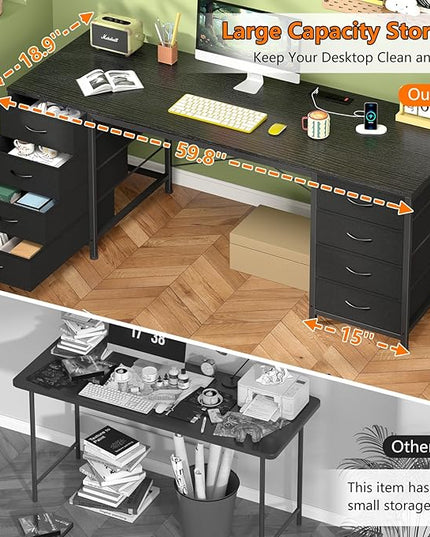 60 Inch Computer Desk with 8 Drawers, Home Office Desk with Power Outlets, Work Study Gaming Desk with 8 Fabric Drawers, Black