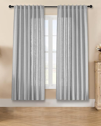 Joydeco Linen Curtains for Living Room,Light Filtering Rod Pocket Back Tab Semi Sheer Drapes Window Long Curtains 84 inches Long Ebony Grey