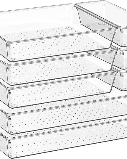 8-Pack Clear Plastic Drawer Organizer Trays – Large Dividers for Kitchen Gadgets, Bathroom Storage, Makeup & Vanity Accessories – Multi-Use Home Essentials for Organized Living