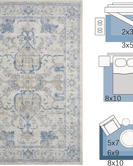 jinchan 3x5 Machine Washable Area Rugs for Entryway - Distressed Vintage Floral Ultra-Thin Low-Pile Soft Non-Shedding Indoor Floor Carpet for Kitchen Bedroom Entrance Laundry Living Room(3x5ft, Blue)