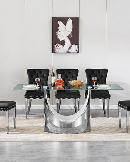 7 Piece Dining Table Set, Modern Glass Dining Table Set for 6 with Velvet Chairs, 70" Luxury Dining Table Chairs Set of 6, Kitchen Dining Room Sets for Dinner Dinette Breakfast Banquet, Black+Silver