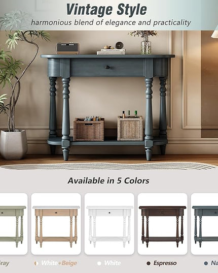 HMFULE Retro Curved Console Table, 36" Solid Wood Half Moon Console Table Sofa Table Entryway Table with 1 Drawer 1 Open Shelf Roman Legs Curved Corners for Living Room,Entryway,Hallway,Navy