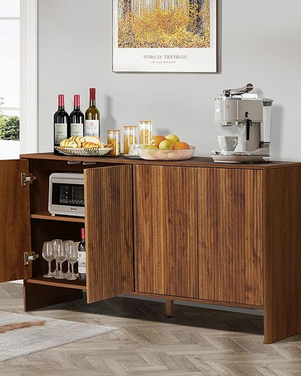 Sideboard Buffets Cabinet, Modern Accent Storage Cabinet with 4 Fluted Doors and Adjustable Shelves, Wood Credenza Buffet Sideboards, Console Table for Kitchen Dining Living Room Entryway (Walnut)