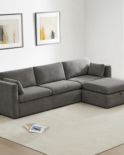 CHITA Oversized Modular Sectional Sofa Set, FSC Certified L Shaped Couch with Reversible Chaise,Modular Sectional Couch for Living Room,112 inch Width, 4 Seat Modular Sofa with Storage Ottoman, Grey