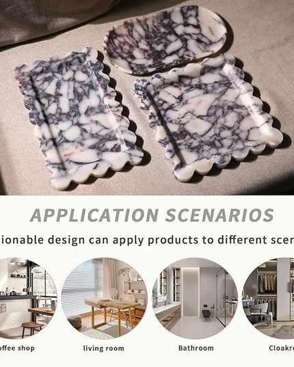 Natural 100% Marble Vanity Tray Luxury Scalloped Marble Storage Square Rectangle Tray for Home Decor Stone Tray for Bathroom Kitchen Candle Key (Rectangle-11.8 * 7.4-Calacatta Viola)