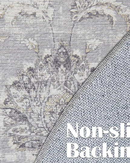 jinchan Fiora Round Rug 6ft Area Rugs Vintage Floral Distressed Design - Machine Washable Non-Slip Low-Pile Ultra-Thin Circle Rug for Entryway Bedside Living Room Dining Room Bedroom (6' Round, Grey)