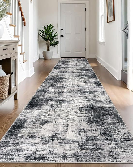 IOHOUZE Abstract Runner Rug 3x14 Ft Washable Runners for Hallways, Non Slip Kitchen Runner Printed Faux Wool Entryway Runner Indoor, Modern Abstract Floor Carpet for Hall Stair, Black Grey
