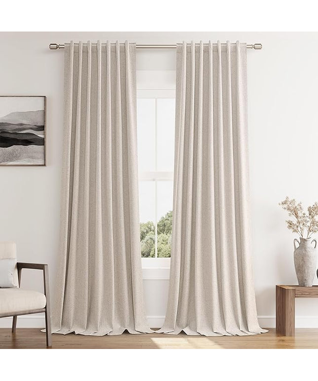 Guken Oatmeal Linen Blackout Curtains 108 Inch Length 2 Panels Set for Living Room Bedroom Back Tab Thermal Insulated 100% Black Out Linen Drapes Room Darkening Window Curtains 108 Inches Long