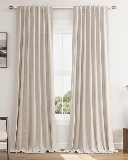 Guken Oatmeal Linen Blackout Curtains 96 Inch Length 2 Panels Set for Living Room Bedroom Back Tab Thermal Insulated 100% Black Out Linen Drapes Room Darkening Window Curtains 96 Inches Long