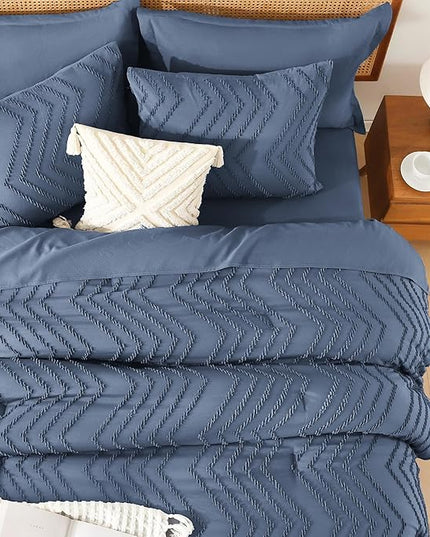 Litanika Queen Size Comforter Set with Sheets Ocean Blue - 7 Pieces Bed in a Bag Queen Chevron Tufted Complete Bedding Sets with Comforter, Sheets, Pillowcases & Shams