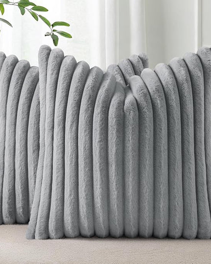 Pallene Faux Fur Plush Throw Pillow Covers 20x20 Set of 2, Luxury Soft Fluffy Striped Decorative Pillow Covers for Sofa, Couch, Living Room, Grey