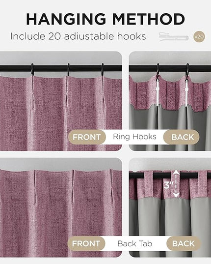 Joydeco Pinch Pleated Curtains - 100% Blackout for Bedroom, Pink Linen Curtains 40" W x 72" L, Thermal Insulated 2 Panels Light Blocking Drapes, Back Tabs for Living Room
